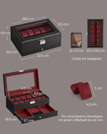 Бокс для годинників SONGMICS на 12 шт з двома рівнями, скляною кришкою та шухлядою для прикрас, замок, PU-шкіра (Чорний + Виноградний)