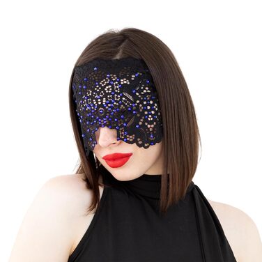 Ручна вишита мереживна маска на обличчя з каміння для жінок, чорна маска для маскараду, балу, карнавалу, весілля, бурлеску, косплею, Марді Гра (чорний колір з блакитними камінцями)