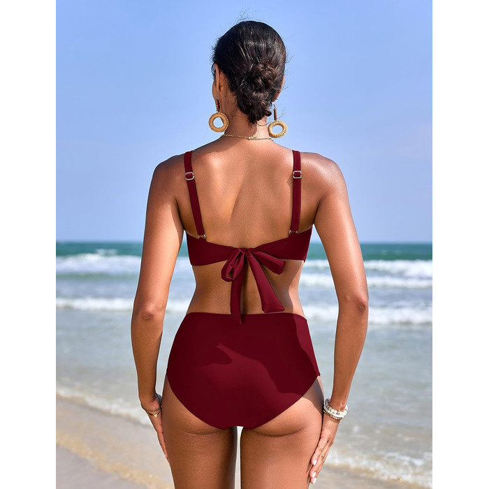 БІКІНІ ЖІНОЧИЙ ДВОШТУЧНИЙ З ВИСОКОЮ ТАЛІЄЮ, ПУШ-АП, З V-ПОДІБНИМ ВИГІНОМ, БУРГУНДІ, M