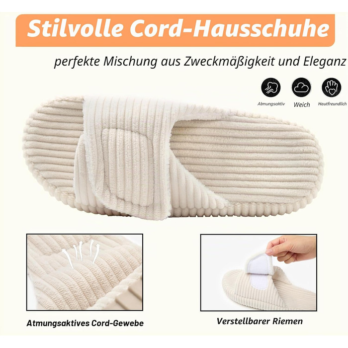Жіночі домашні капці Coswind з ефектом пам'яті (Memory Foam), відкритий носок, вельветові пантофлі, бежеві, розмір 39/40 EU