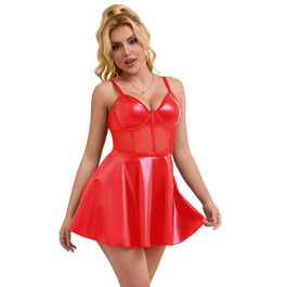 Комплект нічної сорочки та трусиків Babydoll з мереживом і екошкірою, червоний, великі розміри