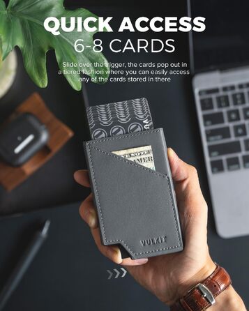 VULKIT Сліманий металевий картхолдер з RFID-захистом та Pop-up механізмом, гаманець з відділенням для купюр та монет, сірий