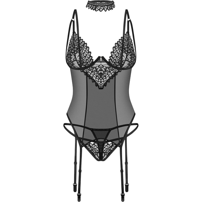 Сексуальний жіночий комплект білизни Selente Love & Fun: корсет, танга та шовкова маска для очей (XL-XXL, чорний мереживний)