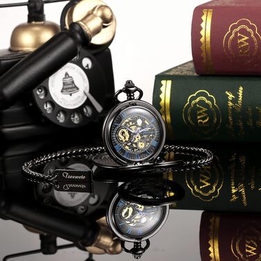 Механічний кишеньковий годинник TREEWETO Fullmetal Alchemist Steampunk Skeleton з подвійним кришкою та ланцюжком, чорний