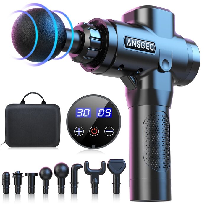 Перкусійний масажер ANSGEC Massage Gun: електричний пістолет для глибокого масажу м'язів, 30 рівнів швидкості, 8 насадок, для шиї та спини