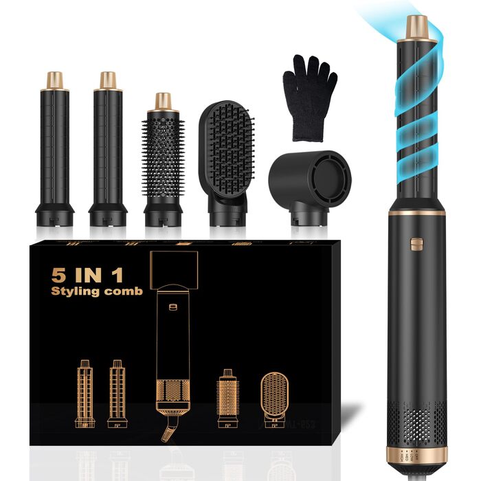 Стайлер для волосся 5 в 1 UKLISS Airstyler Pro: багатофункціональний набір для сушіння та укладки (фен, брашинг, гофре, вирівнювач), 1000 Вт, чорний