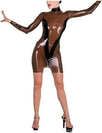 Латексний комбінезон з довгим рукавом, чорний, з чорною обшивкою, міні спідниця, високий комір, блискавка ззаду, XXL