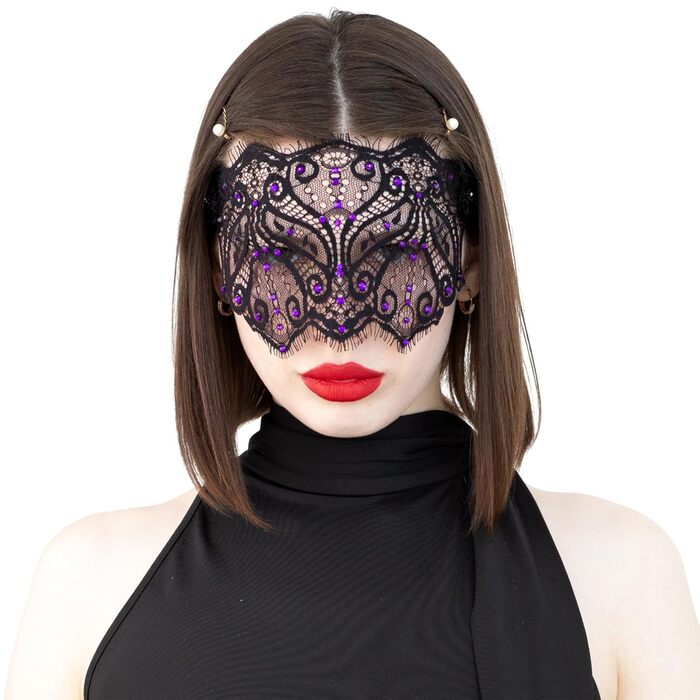Чорна мереживна маска для жінок з кристалами – елегантна венеціанська маска для маскараду, готичної вечірки, косплею, карнавалу та особливих подій – ручної роботи (чорна з фіолетовими стразами)