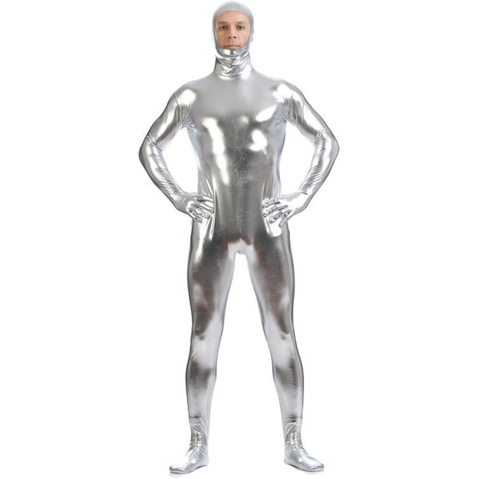 Сексуальний латексний catsuit з відкритим обличчям, блискавка, комбінезон для клубу, Хелловін, срібний, L