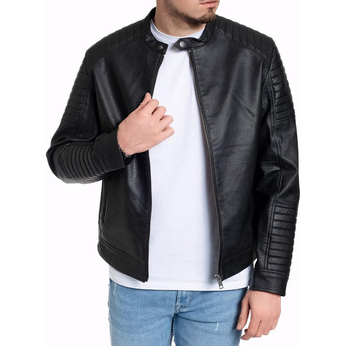 Чоловіча шкіряна куртка-байкер Jack & Jones штучна шкіра, чорна (Розмір L, модель Jate)