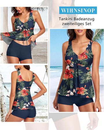 Tankini жіночий купальник з високою талією, push-up топ з шортами, двочастинний, квітковий принт, блакитний, розмір L