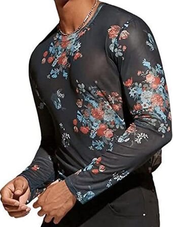 Чоловіча сітчаста футболка AIEOE з блискітками та глітером, прозора, мереживна, для клубного одягу, довга/коротка, з квітковим малюнком, з довгим рукавом