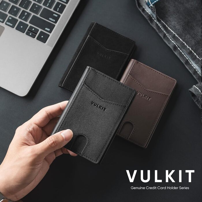 Чоловічий шкіряний картхолдер VULKIT з RFID/NFC захистом, тонкий гаманець для карток на 10 відділень, колір Nappa-espresso