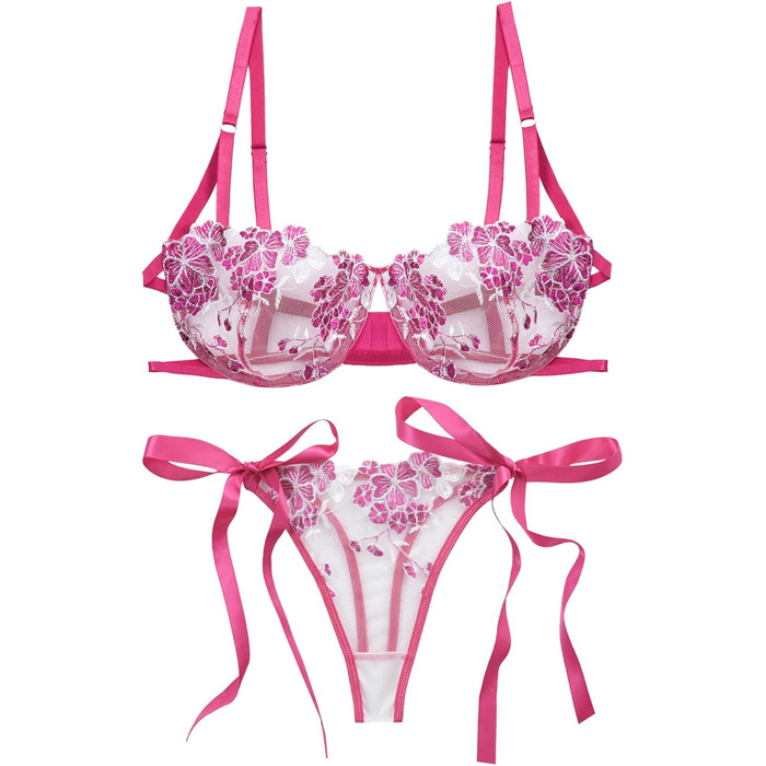 AEAU Комплект жіночої білизни: мереживний бюстгальтер та танга, прозорий, push-up, мереживний, квітковий, бралетта, S-XL (Рожевий, XL)