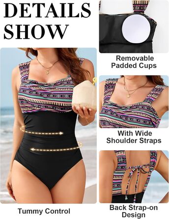 Світшот Badeanzug Damen Einteiige Bauchweg Bademode Push Up Swimsuit Vintage Raffung One Piece Große Größe Schwimmanzug Tummy Contro Schankheits Strandmode (Bunte Drucke, S)