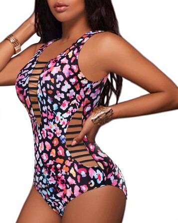 Світшотний купальник Aqua Eve для жінок з глибоким V-подібним вирізом та вирізами, неонове леопардове забарвлення (XL)