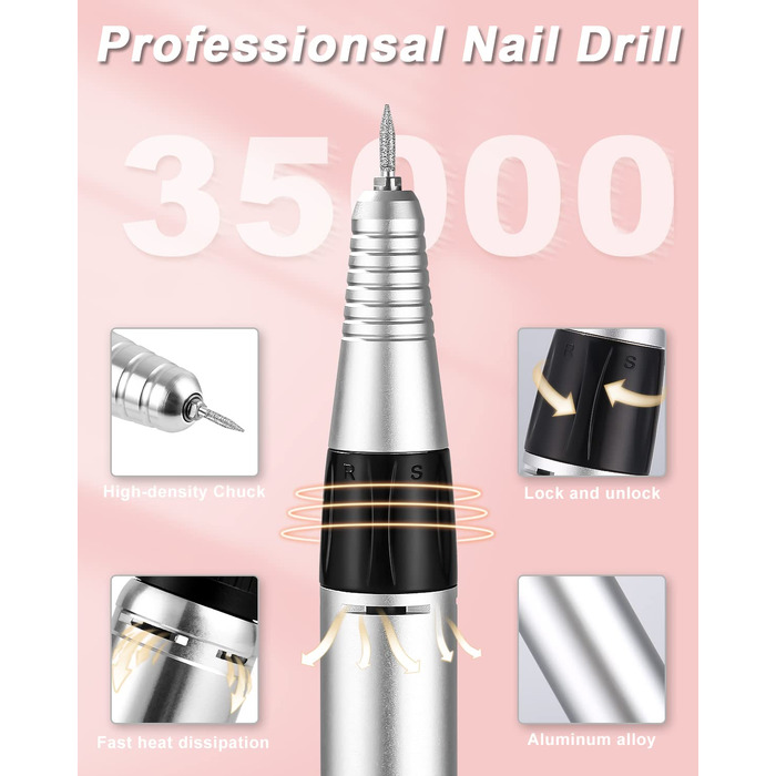 Електричний апарат для манікюру та педикюру Nagelfräser 35000 об/хв з LCD-дисплеєм, сенсорним керуванням та педаллю, білий, 6 насадок