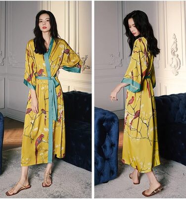 Жіночий халат з атласу, максі, довгий, шовковий кімоно, сукня з квітковим принтом, легкий халат, літня роба, піжама, для вечірок (універсальний розмір, жовтий)