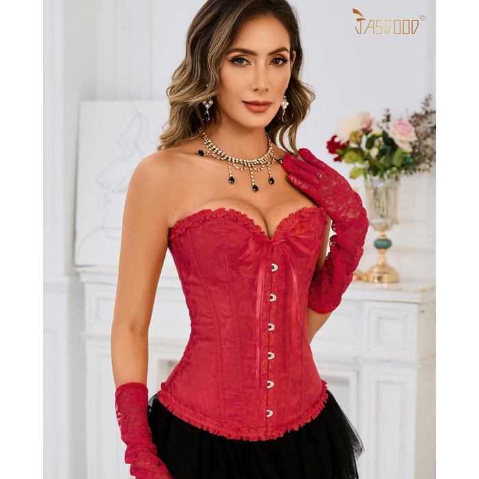 Корсетний топ-бюст'є JasGood Daen Vintage Gothic Overbust для повногрудих, шнурівка, червоний, XL — для Хелловіну та карнавалів