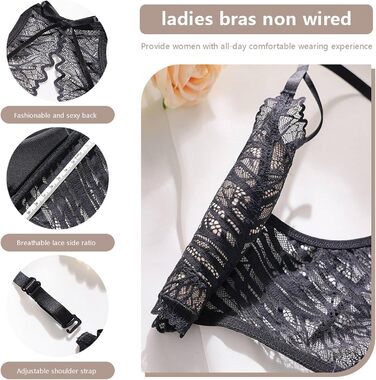 Жіноча спідня білизна MOONBADI BH та труси комплект, чорний, великі розміри 36/80B, мереживо, без кісточок, передня застібка