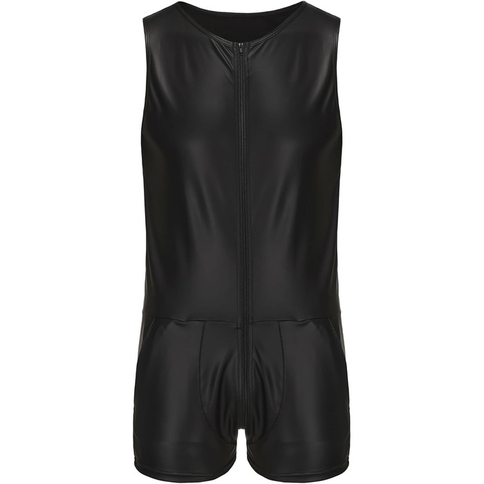 Чоловічий боді з лакової шкіри, облягаючий, з блискавкою та кишенею, для клубу/сцени, чорний, 3XL