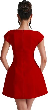 Жіноче міні-плаття LuFeng з квадратним вирізом, рукавами-крилами, повною підкладкою, блискавкою, силуетом А, для вечірок та клубів, сучасне, червоне/подорож, однотонне (Getaway Solids)