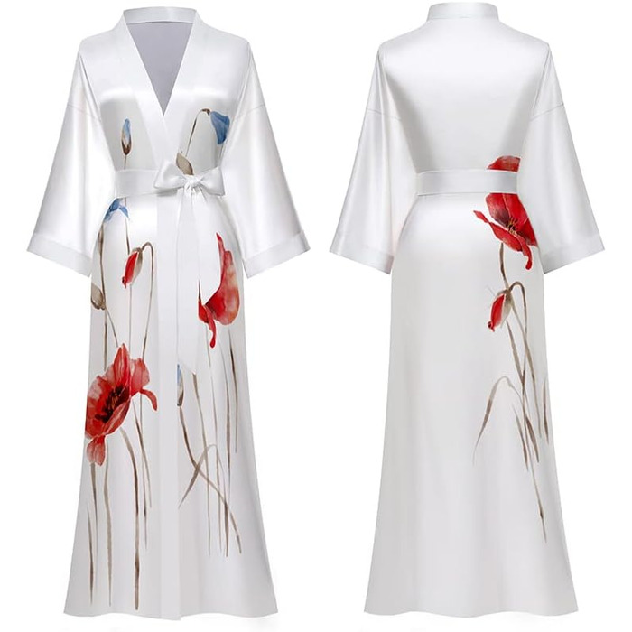 Халат жіночий атласний максі довгий, шовковий кімоно, сукня з квітковим принтом, легкий халат, літня роба, піжама для дівчат, вечірній халат, універсальний розмір, білий