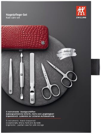Манікюрний набір ZWILLING Kroko Edition (5 предметів) для нігтів рук та ніг, нержавіюча сталь, шкіряний футляр, червоний