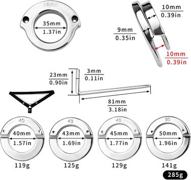 Чоловічий пояс для контролю (кайдани) з нержавіючої сталі - металевий когтей для статевого члена з регульованим замком - набір для кайданів BDSM з кільцями для статевого члена, для чоловіків (L 43 мм)