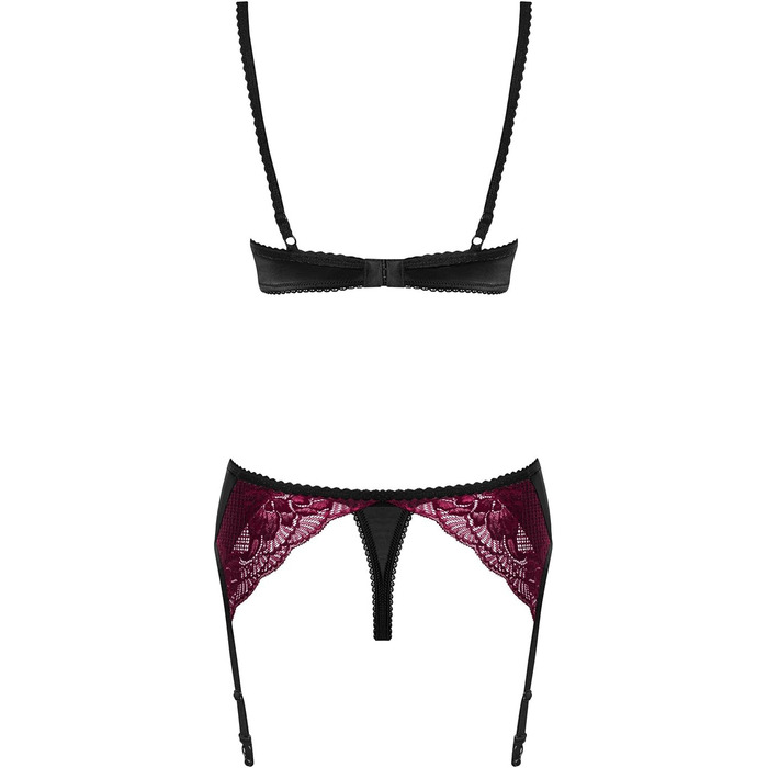 Сексуальний жіночий комплект білизни Selente Love & Fun: бюстгальтер, корсетний пояс, танга та шовкова маска для очей (L-XL, чорно-бордовий). Зроблено в ЄС