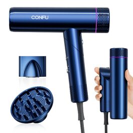 Професійний іонний фен для волосся CONFU 1700W, складаний фен з магнітним дифузором та стилізуючою насадкою, низький рівень шуму, синій