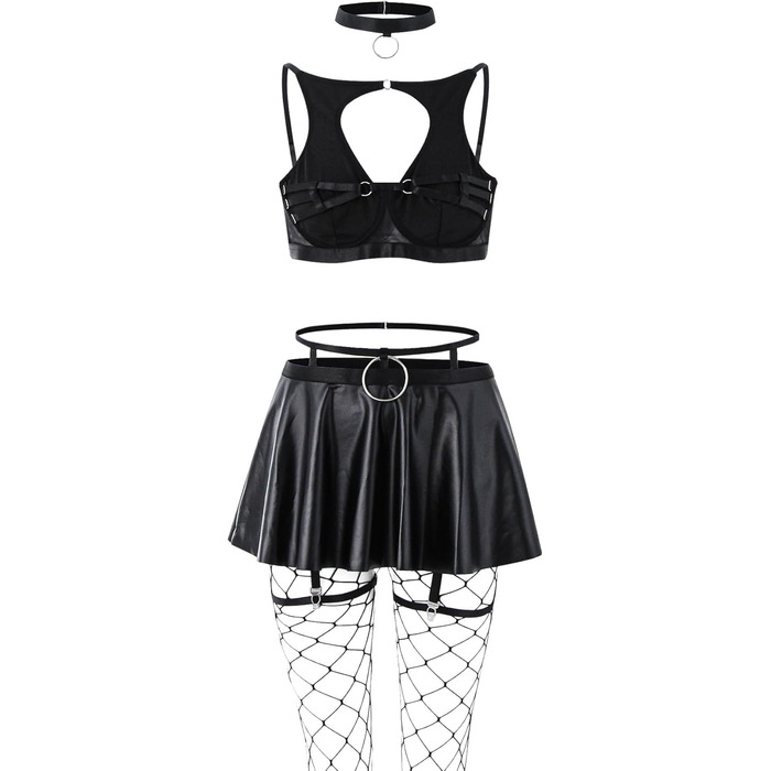 Комплект жіночої білизни Lilosy: панчіхони, чокер, ремінець, бюстгальтер з під підняттям, спідниця, чорний, XXS