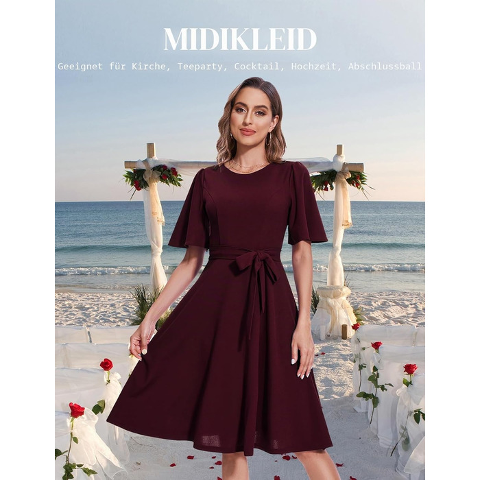 Сукня коктейльна Bbonlinedress жіноча з коротким рукавом, довжини міді, бордового кольору з поясом, для вечірок та весіль