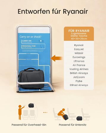 Рюкзак для ручної поклажі LOVEVOOK 40x30x20 см для Ryanair, Eurowings — дорожня сумка для ноутбука 14