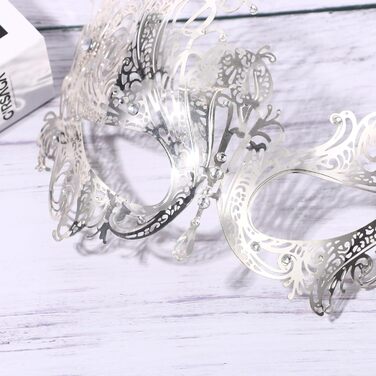 Венеціанська маска JewelryWe з держальником для жінок, металева маска з стразами для маскараду, аксесуари до костюма для Хелловіну, карнавалу, вечірки-маскараду (срібна)