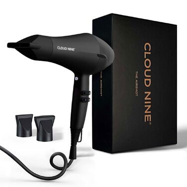Фен для волосся Cloud Nine Airshot 2000W, професійний антистатик та антифриз ефект, 3 режими температури, з 2 насадками-дифузорами, чорний