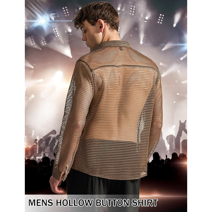 Чоловіча прозора сітчаста сорочка AIEOE: літня, мереживна, з довгим рукавом, для фестивалів, клубів, вечірок, костюм, коричневий