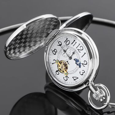 Скелетон-годинник кишеньковий Tiong Vintage Steampunk з ланцюжком, механічний годинник з римськими цифрами в подарунковій коробці, сріблястий (44 Silber)