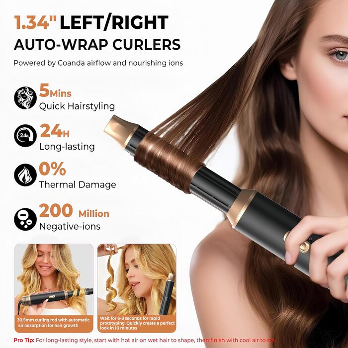 Мультистайлер для волосся 5 в 1 UKLISS Airstyler: фен, вирівнювач, круглі щітки та локони, чорний/золотий