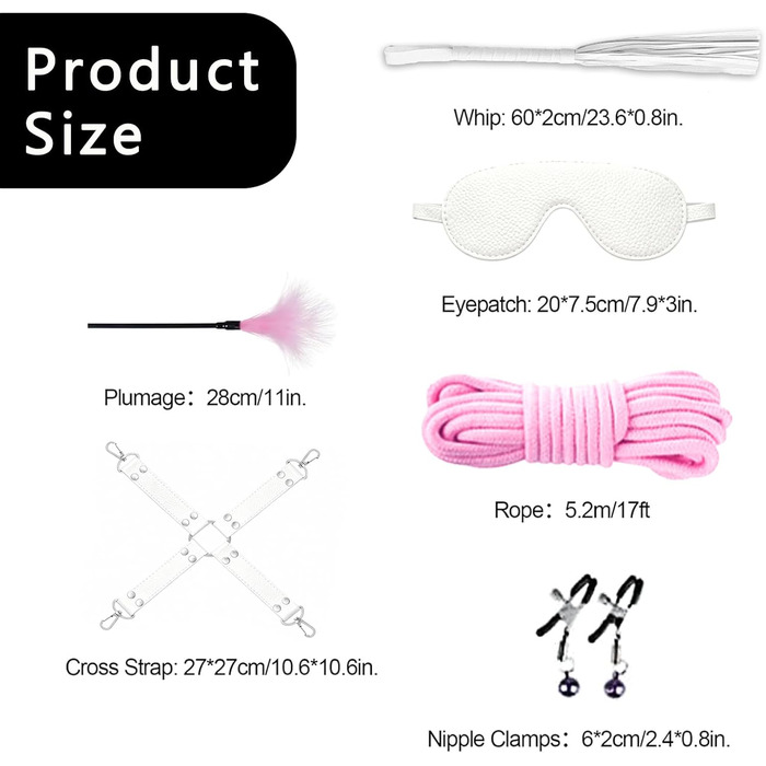Набір для БДСМ зв'язування: пов'язка на очі, бандаж, наручники, анальний плаг, клямки для сосків, бавовняне трос, петарди, для пар (рожевий та білий)