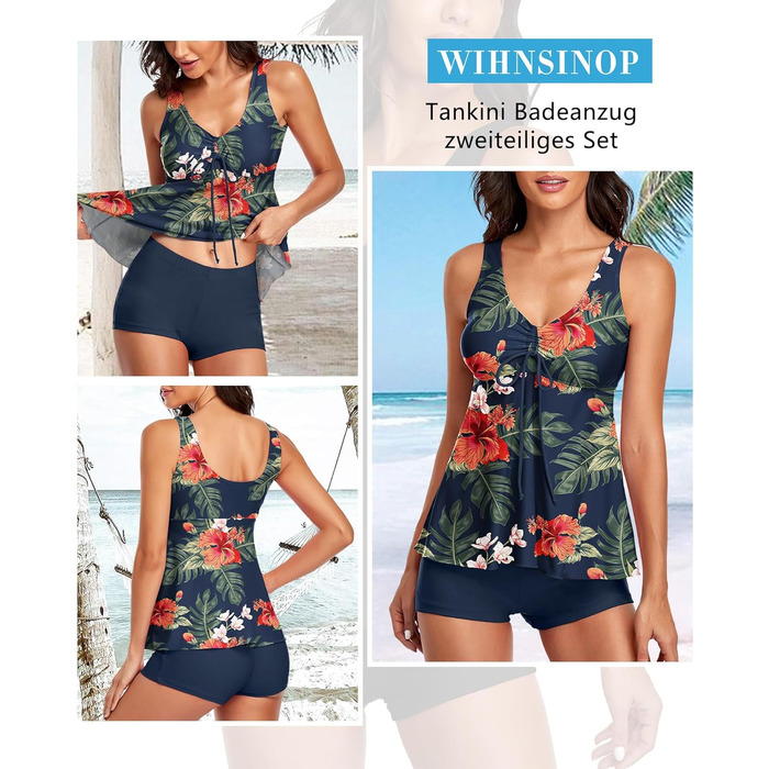 Tankini жіночий купальник з високою талією, push-up топ з шортами, двочастинний, квітковий принт, блакитний, розмір L