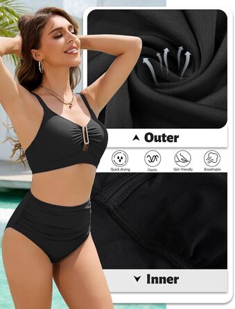 Бікіні жіночий комплект з пуш-ап, висока талія, слікучий ефект, двочастинний, сексуальний металевий U-подібний виріз з зав'язками, купальник, літня мода для жінок, чорний, розмір M