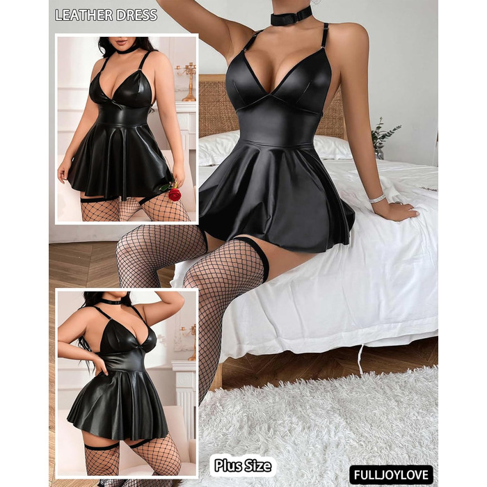 Комплект жіночої білизни з екошкіри Plus Size, чорний, з V-поглибленням та відкритою спиною, міні-сукня-комбінезон, розміри S-3XL