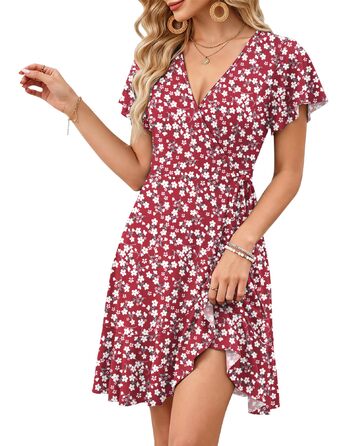 Сукня Soerkleid Daen з V-поглибленням, обгортка, висока талія, квіткова (червона, XL) - Літня пляжна сукня