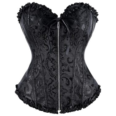 TRIWORKS Корсетний топ для жінок: корсаж, шнурування, бюстгальтер, сатиновий корсет з мереживом, стегнювальний корсет для карнавалу та Різдва, S-X (Чорний з блискавкою, L)