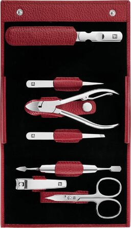 Професійний набір для манікюру та педикюру ZWILLING Premium Edition, 7 предметів, зі шкіряним дорожнім футляром, полірована нержавіюча сталь (Червоний)