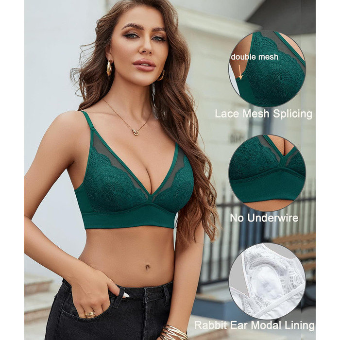 Avidlove: мереживний бюстгальтер без кісточок, V-подібний виріз, сітка, бралетт, без підкладки, на тонких бретелях, повсякденний, комфортний, класична білизна (L, зелений)
