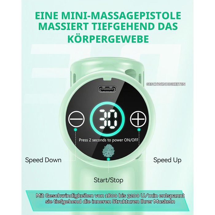 Перкусійний масажер Massagepistole: портативний електричний масажер для тіла, 30 рівнів швидкості, LCD-сенсорний екран