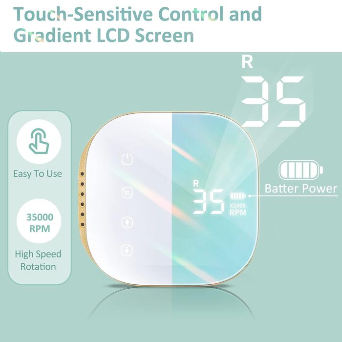 Професійний електричний апарат для манікюру та педикюру Madenia TouchPro, 35000 об/хв, для нарощених нігтів та гель-лаку, з HD-дисплеєм та набором з 6 фрез (Зелений)