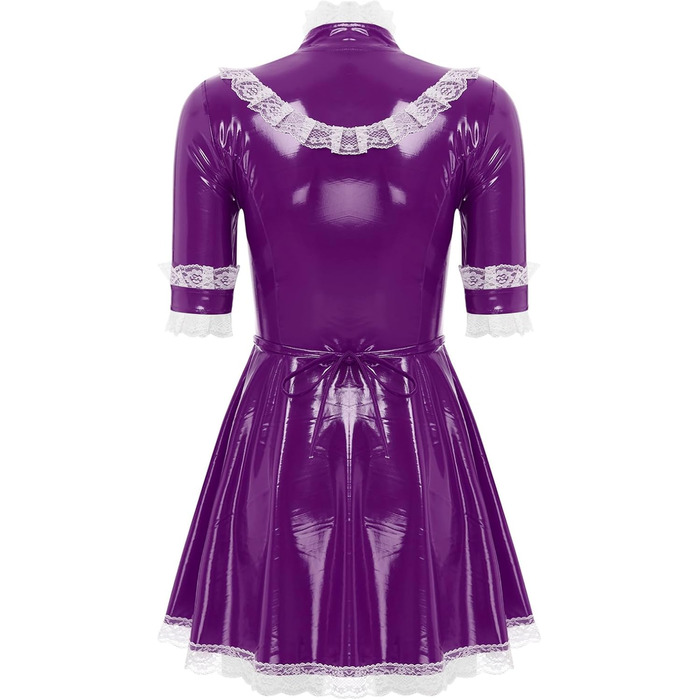 Костюм покоївки Agoky з лакованої шкіри, міні-сукня з мереживним фартухом та мереживною спідницею, еротична білизна, клубний одяг (M, фіолетовий)